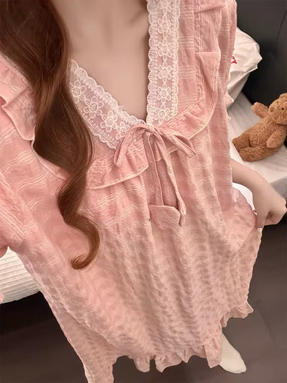 Bust Pad Plaid Nightgown Women'S Summer Short Sleeve Sweet Cute Princess Style Lace Home Wear
