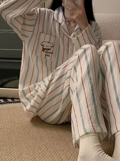 [Couple Pajamas Set] 2025 Beige Striped Couple Pajamas for Men And Women - Long Sleeves And Pants - Spring And Autumn Loungewear with Cute Dog Embroidery