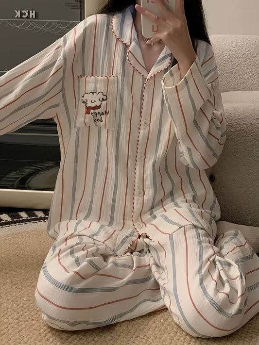 [Couple Pajamas Set] 2025 Beige Striped Couple Pajamas for Men And Women - Long Sleeves And Pants - Spring And Autumn Loungewear with Cute Dog Embroidery
