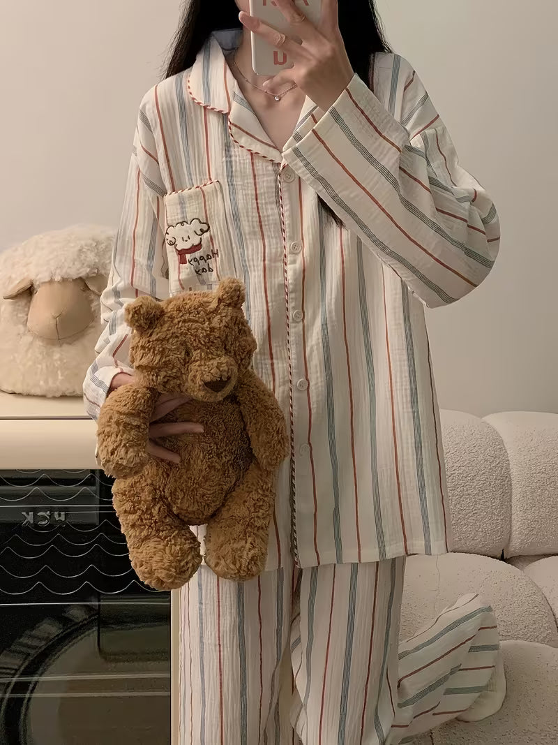 [Couple Pajamas Set] 2025 Beige Striped Couple Pajamas for Men And Women - Long Sleeves And Pants - Spring And Autumn Loungewear with Cute Dog Embroidery