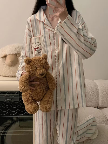 [Couple Pajamas Set] 2025 Beige Striped Couple Pajamas for Men And Women - Long Sleeves And Pants - Spring And Autumn Loungewear with Cute Dog Embroidery