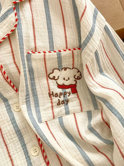[Couple Pajamas Set] 2025 Beige Striped Couple Pajamas for Men And Women - Long Sleeves And Pants - Spring And Autumn Loungewear with Cute Dog Embroidery