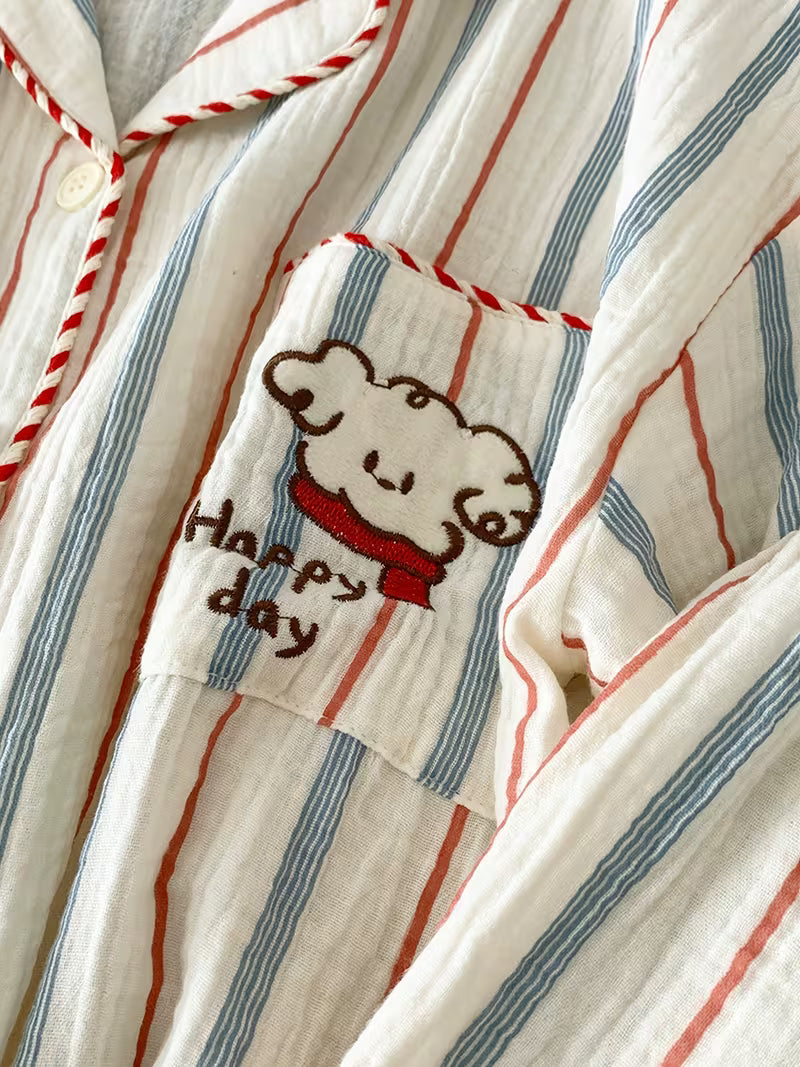 [Couple Pajamas Set] 2025 Beige Striped Couple Pajamas for Men And Women - Long Sleeves And Pants - Spring And Autumn Loungewear with Cute Dog Embroidery
