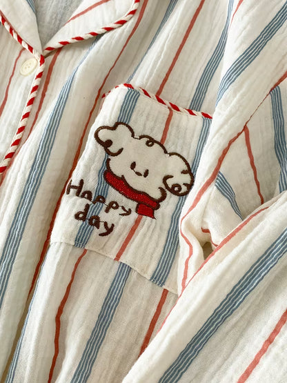 [Couple Pajamas Set] 2025 Beige Striped Couple Pajamas for Men And Women - Long Sleeves And Pants - Spring And Autumn Loungewear with Cute Dog Embroidery