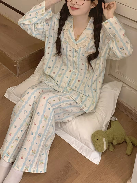 Women'S Pajamas Spring Autumn Open Cardigan Long Sleeve Long Pants Cute Spring Summer Home Wear 2pcs Set