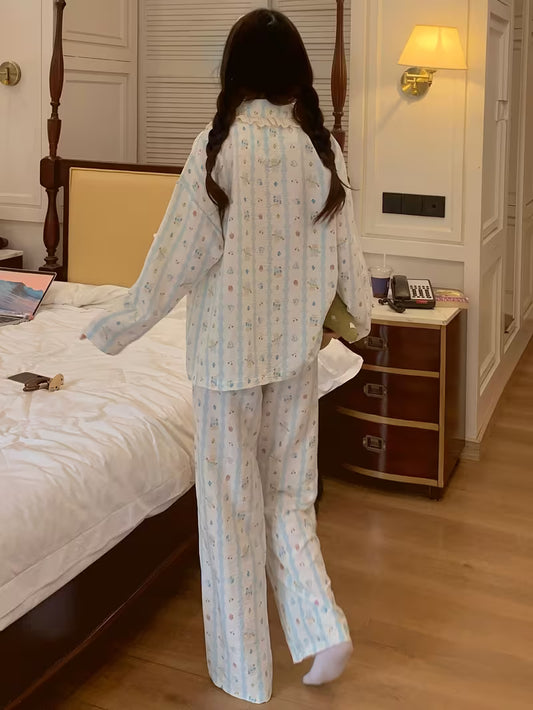 Women'S Pajamas Spring Autumn Open Cardigan Long Sleeve Long Pants Cute Spring Summer Home Wear 2pcs Set