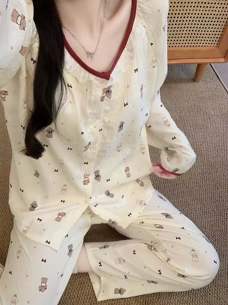 [Pajamas with Padded Bras] Women's Pajamas with Padded Bras - Cute Polka Dot Puppy Print - Long Sleeve & Pants - Spring/Autumn Style - Fall/Winter Round Neck Cardigan with Lace Trim - Can Be Worn as Outerwear or Loungewear
