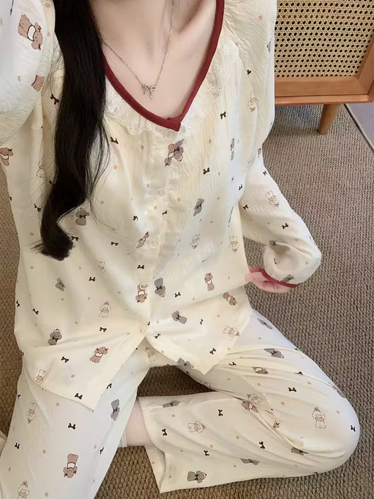 [Pajamas with Padded Bras] Women's Pajamas with Padded Bras - Cute Polka Dot Puppy Print - Long Sleeve & Pants - Spring/Autumn Style - Fall/Winter Round Neck Cardigan with Lace Trim - Can Be Worn as Outerwear or Loungewear