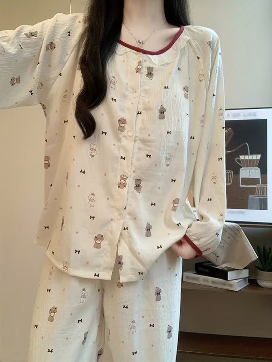 [Pajamas with Padded Bras] Women's Pajamas with Padded Bras - Cute Polka Dot Puppy Print - Long Sleeve & Pants - Spring/Autumn Style - Fall/Winter Round Neck Cardigan with Lace Trim - Can Be Worn as Outerwear or Loungewear