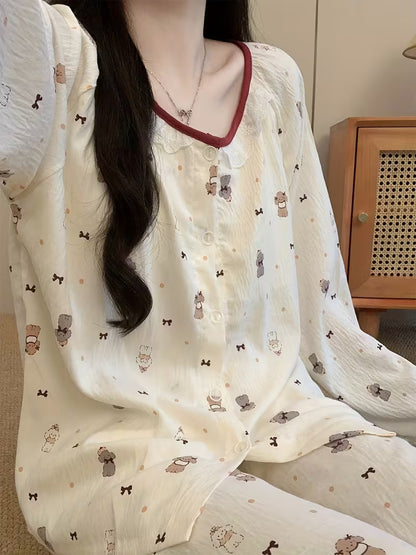 [Pajamas with Padded Bras] Women's Pajamas with Padded Bras - Cute Polka Dot Puppy Print - Long Sleeve & Pants - Spring/Autumn Style - Fall/Winter Round Neck Cardigan with Lace Trim - Can Be Worn as Outerwear or Loungewear