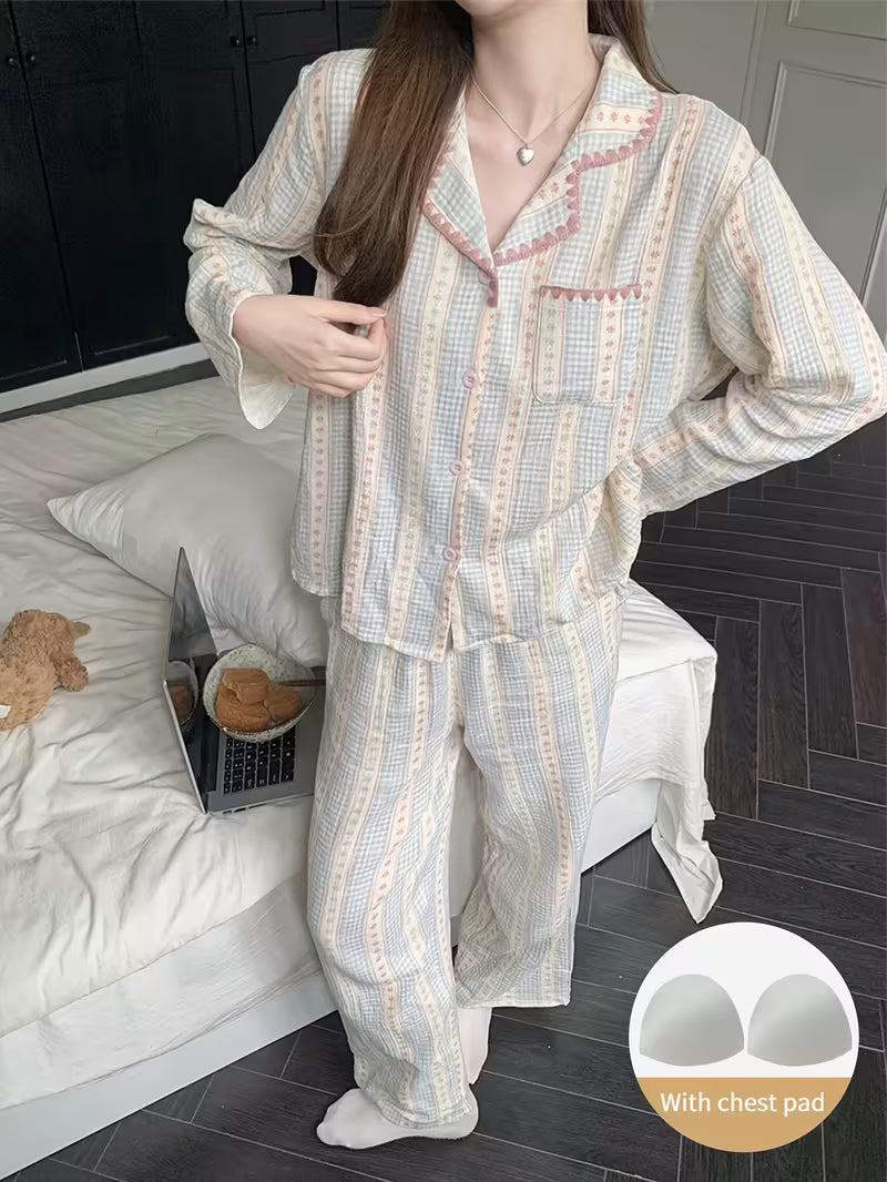 Built-In Bra Pad Pajamas Women'S Spring Autumn Season Cardigan Long Sleeve Long Pants Lace New Spring Summer Home Wear 2pcs
