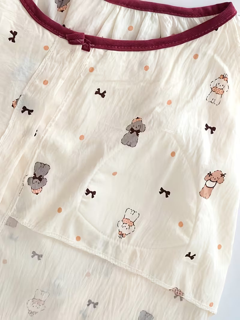 [Pajamas with Padded Bras] Women's Pajamas with Padded Bras - Cute Polka Dot Puppy Print - Long Sleeve & Pants - Spring/Autumn Style - Fall/Winter Round Neck Cardigan with Lace Trim - Can Be Worn as Outerwear or Loungewear