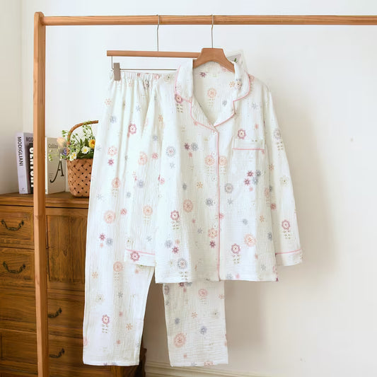 Four-season Long-sleeved Long-pants Women's, Plus-size Home Wear, Simple Digital Double-layer Gauze Home Wear, Thin Style