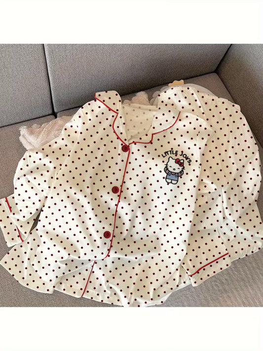 Authentic Polka Dot for Hello Kitty Sweet Long Sleeve And Long Pants Pajama Set, 2pcs