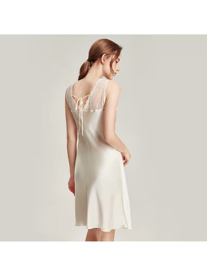 Made of Premium 100% Mulberry with Glossy Satin Texture. Delicate Lace Trimmed Shoulder Straps and Draped Cowl Neck, Ruffle Hem Delivers Loose Comfy Fit for Nightwear and Indoor Loungewear