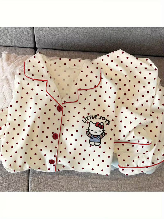Authentic Polka Dot for Hello Kitty Sweet Long Sleeve And Long Pants Pajama Set, 2pcs