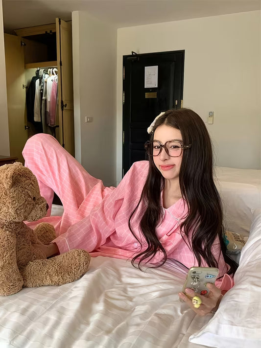 Korean-style Instagram-inspired Dopamine-colored Minimalist Plaid Pajama Set, Pink Women's Summer Lightweight 2pcs Pajama Set