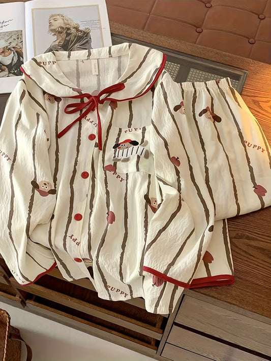 [2pcs Set] Pajamas for Women in Spring and Autumn, Long Sleeved Pants, Suitable for Outdoor Wear, Women's Home Clothing Set, Cartoon Sweet Discount Activity, 2pcs Set, Hot Item 2026 New Women's Pajamas in Spring and Autumn