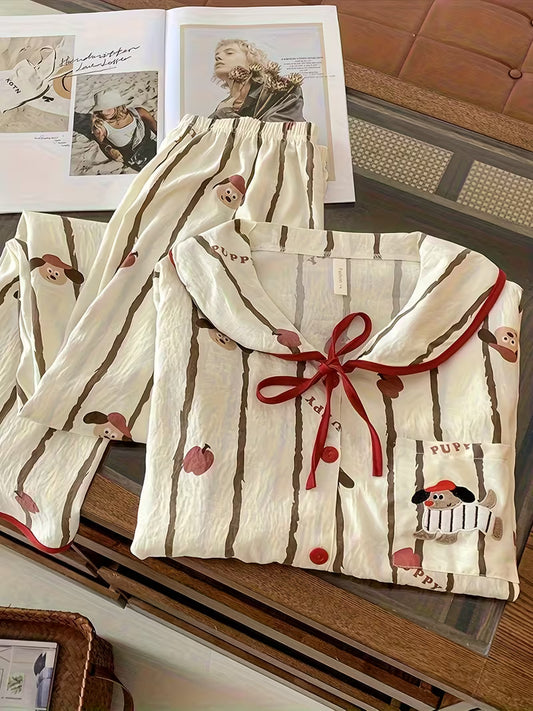 [2pcs Set] Pajamas for Women in Spring and Autumn, Long Sleeved Pants, Suitable for Outdoor Wear, Women's Home Clothing Set, Cartoon Sweet Discount Activity, 2pcs Set, Hot Item 2026 New Women's Pajamas in Spring and Autumn