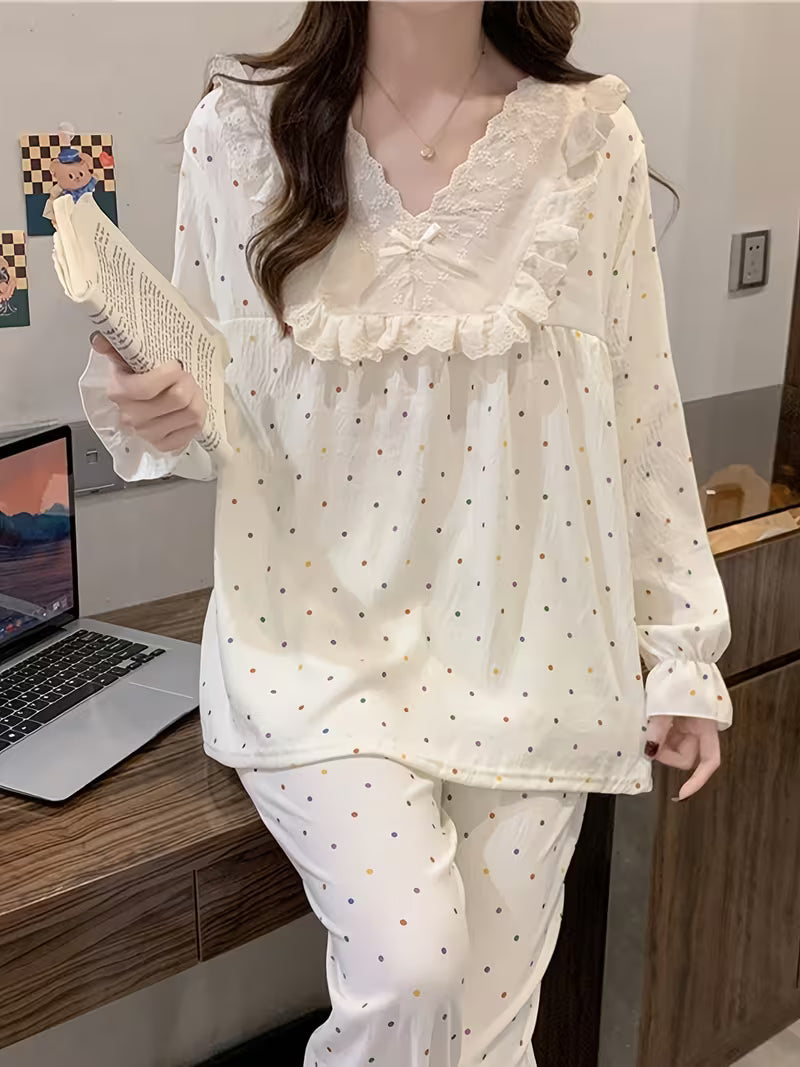 New Spring And Summer Women'S Pajamas Featuring a Cloud And Butterfly Collar Set, Korean Style Long-Sleeve Pullover with Small Polka Dots