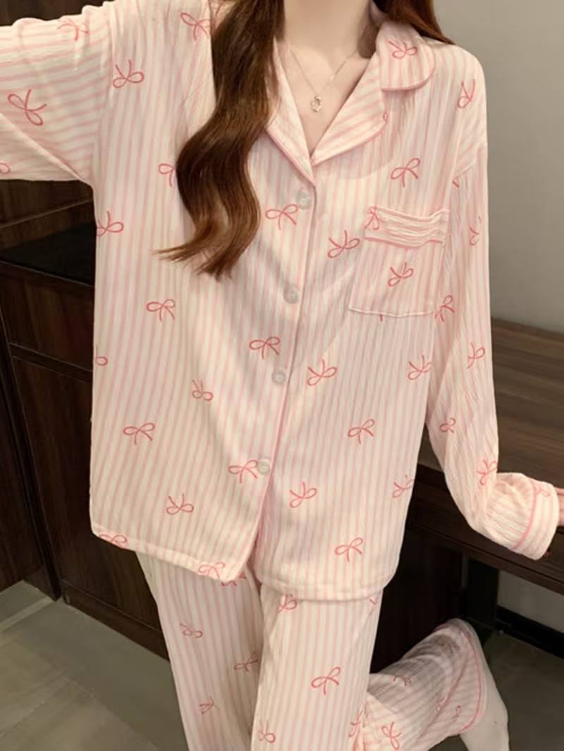 [2pcs Pajamas] Pink Gentle Sweet Style Bow Striped Women's Pajamas Casual Fashion Dopamine Harajuku Retro Chic Literary Aesthetic Romantic Design Print Homewear 2025 Spring And Autumn New Wrinkled Cloth Long-Sleeved Pants 2pcs Pajamas