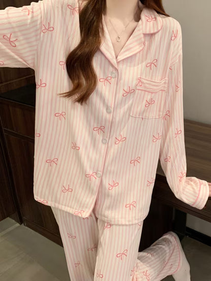 [2pcs Pajamas] Pink Gentle Sweet Style Bow Striped Women's Pajamas Casual Fashion Dopamine Harajuku Retro Chic Literary Aesthetic Romantic Design Print Homewear 2025 Spring And Autumn New Wrinkled Cloth Long-Sleeved Pants 2pcs Pajamas
