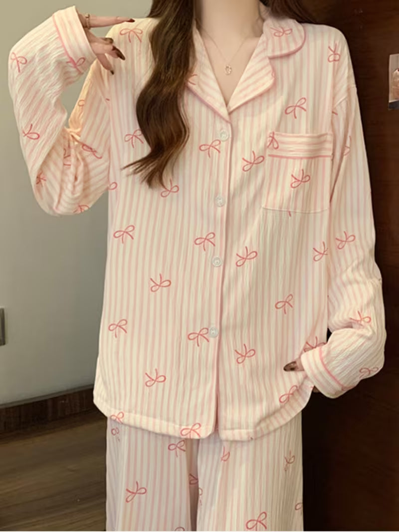 [2pcs Pajamas] Pink Gentle Sweet Style Bow Striped Women's Pajamas Casual Fashion Dopamine Harajuku Retro Chic Literary Aesthetic Romantic Design Print Homewear 2025 Spring And Autumn New Wrinkled Cloth Long-Sleeved Pants 2pcs Pajamas