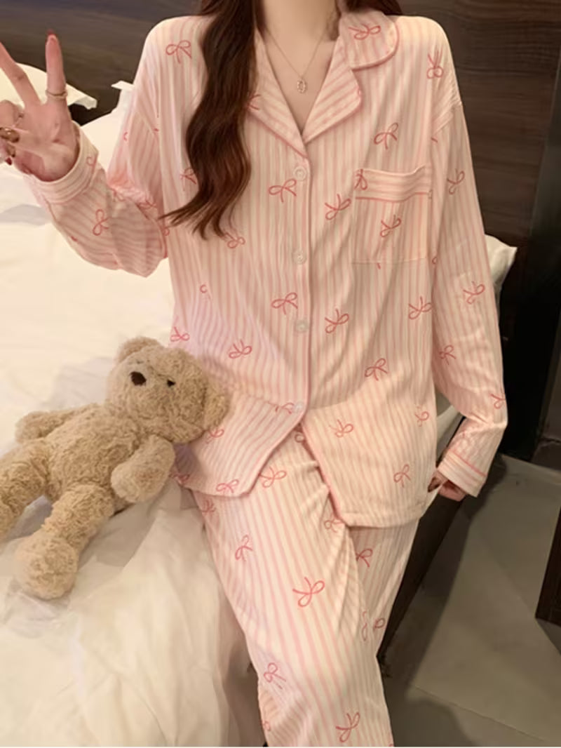 [2pcs Pajamas] Pink Gentle Sweet Style Bow Striped Women's Pajamas Casual Fashion Dopamine Harajuku Retro Chic Literary Aesthetic Romantic Design Print Homewear 2025 Spring And Autumn New Wrinkled Cloth Long-Sleeved Pants 2pcs Pajamas