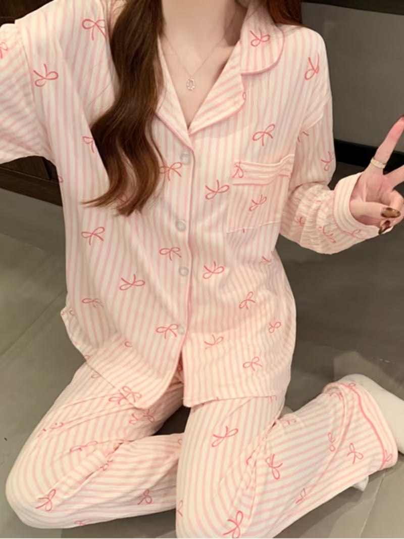 [2pcs Pajamas] Pink Gentle Sweet Style Bow Striped Women's Pajamas Casual Fashion Dopamine Harajuku Retro Chic Literary Aesthetic Romantic Design Print Homewear 2025 Spring And Autumn New Wrinkled Cloth Long-Sleeved Pants 2pcs Pajamas