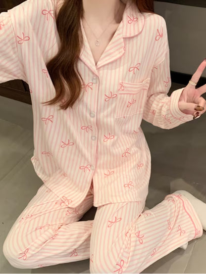 [2pcs Pajamas] Pink Gentle Sweet Style Bow Striped Women's Pajamas Casual Fashion Dopamine Harajuku Retro Chic Literary Aesthetic Romantic Design Print Homewear 2025 Spring And Autumn New Wrinkled Cloth Long-Sleeved Pants 2pcs Pajamas