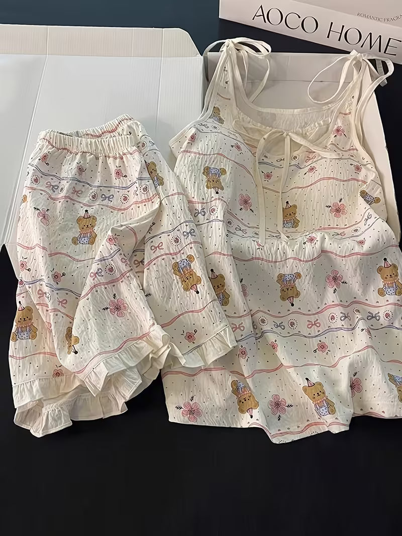 In-Stock Premium Style Cartoon Cute Bear Pajamas Women'S Bra Cup Cami Shorts Easy Bow Loose Pullover Home Wear 2Pcss Set Casual Sleeveless 2Pcss Set Outing Spring Summer New