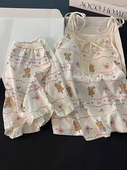 In-Stock Premium Style Cartoon Cute Bear Pajamas Women'S Bra Cup Cami Shorts Easy Bow Loose Pullover Home Wear 2Pcss Set Casual Sleeveless 2Pcss Set Outing Spring Summer New