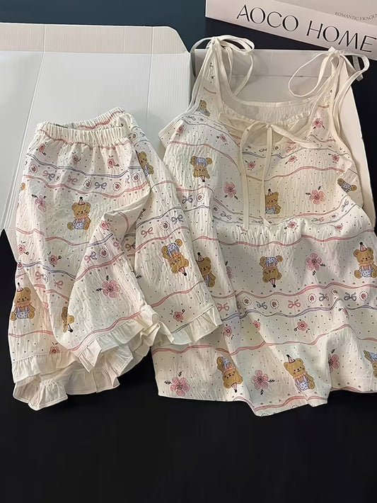 In-Stock Premium Style Cartoon Cute Bear Pajamas Women'S Bra Cup Cami Shorts Easy Bow Loose Pullover Home Wear 2Pcss Set Casual Sleeveless 2Pcss Set Outing Spring Summer New