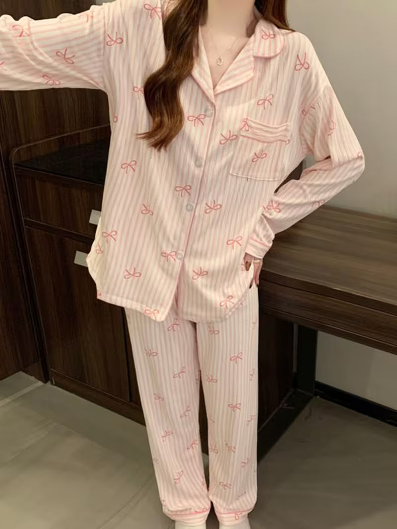 [2pcs Pajamas] Pink Gentle Sweet Style Bow Striped Women's Pajamas Casual Fashion Dopamine Harajuku Retro Chic Literary Aesthetic Romantic Design Print Homewear 2025 Spring And Autumn New Wrinkled Cloth Long-Sleeved Pants 2pcs Pajamas