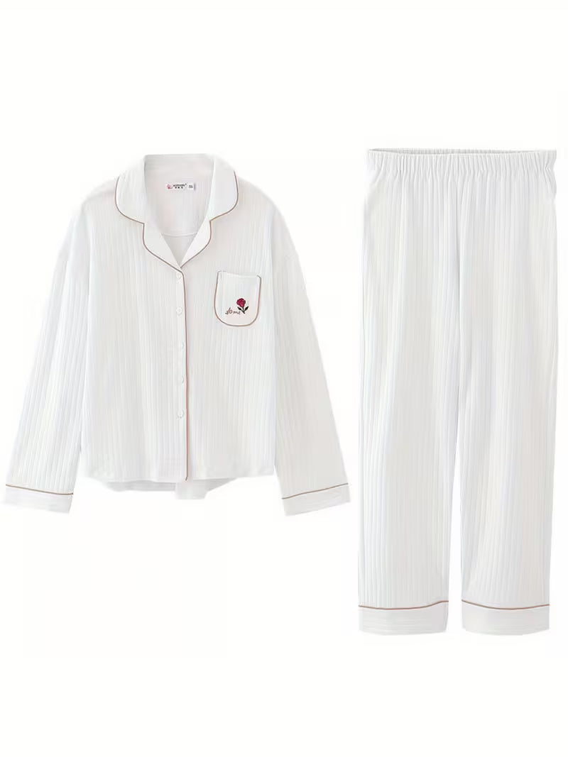 Women'S 100% High-End Pajama Set - Elegant Long-Sleeve Trousers with Lapel Collar, All-Season Comfort, Cute Confinement Design, Perfect for Home or Air Conditioning Room, Homewear Pajamas|Elegant Pajama Set|Soft Texture Fabric