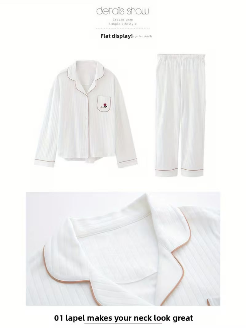 Women'S 100% High-End Pajama Set - Elegant Long-Sleeve Trousers with Lapel Collar, All-Season Comfort, Cute Confinement Design, Perfect for Home or Air Conditioning Room, Homewear Pajamas|Elegant Pajama Set|Soft Texture Fabric