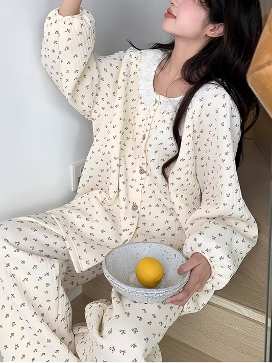 Casual Beige Cherry Print Thickened Fall/Winter Pajama Set - Lace-Trimmed Round Neck Long Sleeve Top And Elastic Waist Pants