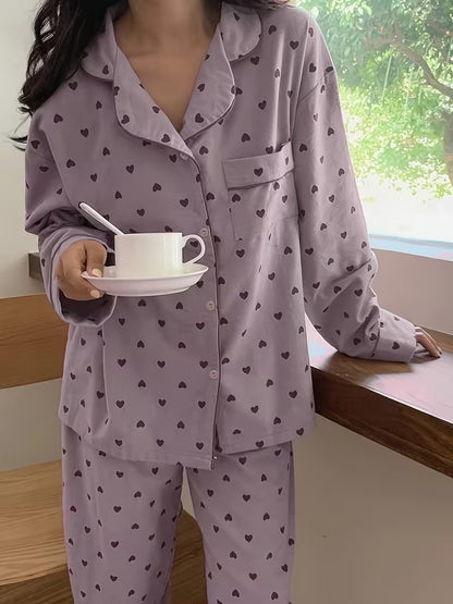 Cozy Heart Print Pajamas Set-Soft Purple Top V-Neck Long Sleeve Top with Comfy Elastic Waist Pants-Relaxing Loungewear
