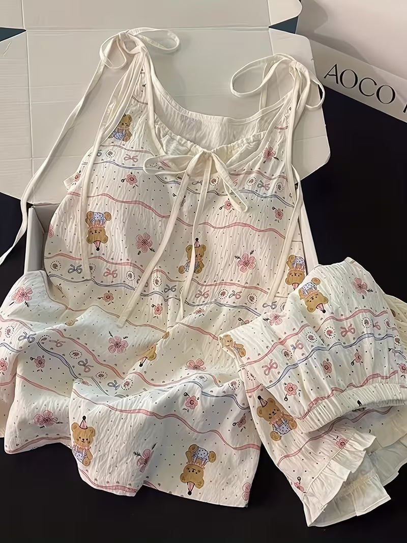 In-Stock Premium Style Cartoon Cute Bear Pajamas Women'S Bra Cup Cami Shorts Easy Bow Loose Pullover Home Wear 2Pcss Set Casual Sleeveless 2Pcss Set Outing Spring Summer New