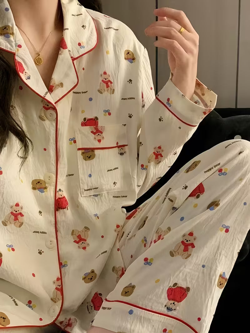 High-Quality Korean-Style Women'S Pajamas Set with a Cardigan, Long Sleeves, And Long Pants, Featuring a Cute Cartoon Design, Perfect for As Homewear for Early Autumn. Lightweight, Loose-Fitting, And Breathable Two-Piece Outfit