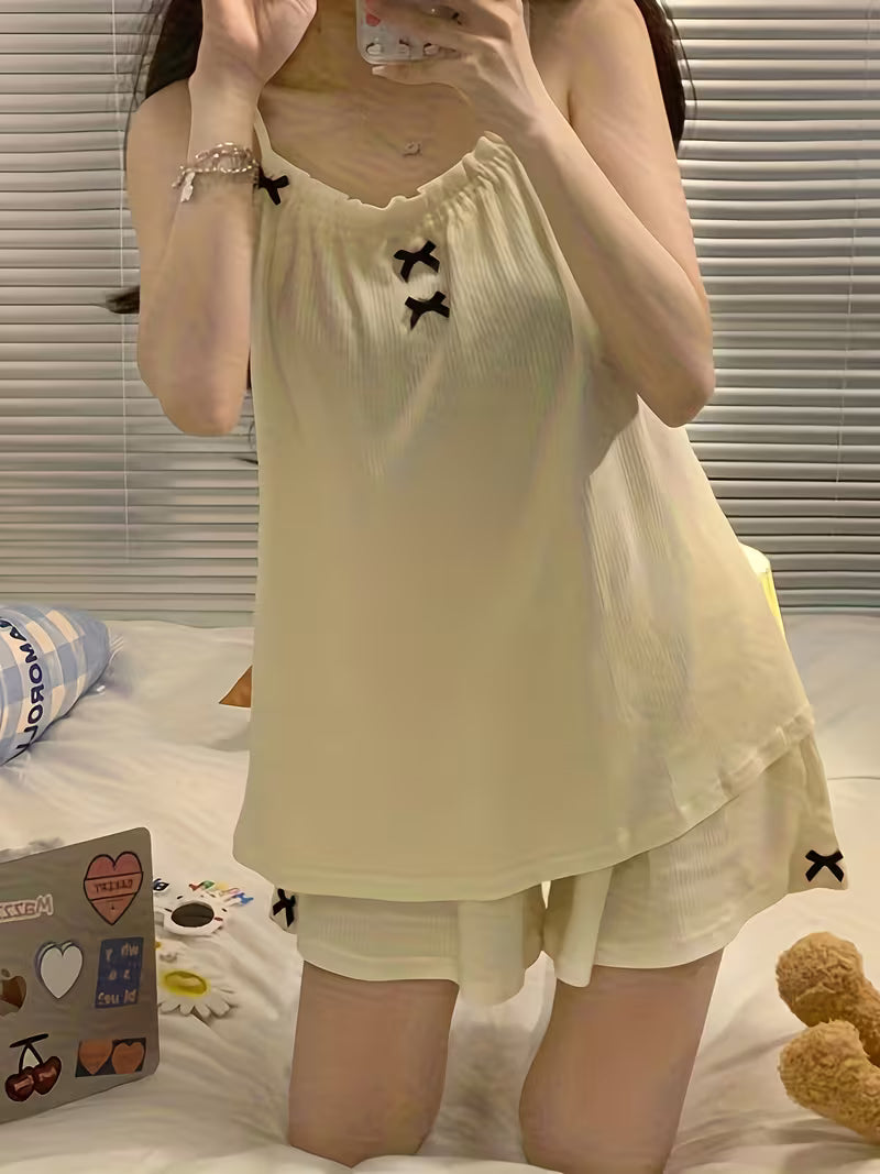 Bow Tie Strap Shorts Pajamas Casual Sleepwear Set