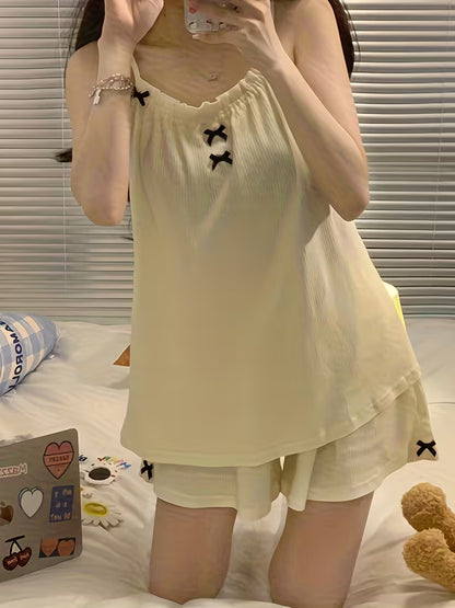 Bow Tie Strap Shorts Pajamas Casual Sleepwear Set