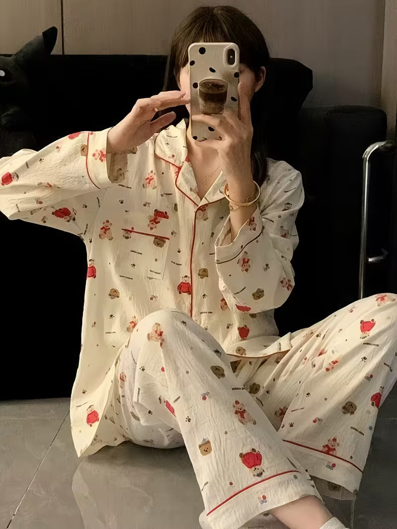 High-Quality Korean-Style Women'S Pajamas Set with a Cardigan, Long Sleeves, And Long Pants, Featuring a Cute Cartoon Design, Perfect for As Homewear for Early Autumn. Lightweight, Loose-Fitting, And Breathable Two-Piece Outfit