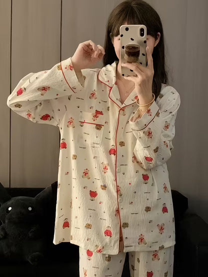 High-Quality Korean-Style Women'S Pajamas Set with a Cardigan, Long Sleeves, And Long Pants, Featuring a Cute Cartoon Design, Perfect for As Homewear for Early Autumn. Lightweight, Loose-Fitting, And Breathable Two-Piece Outfit