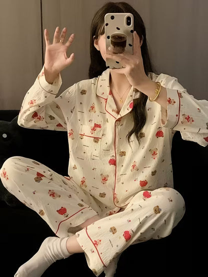 High-Quality Korean-Style Women'S Pajamas Set with a Cardigan, Long Sleeves, And Long Pants, Featuring a Cute Cartoon Design, Perfect for As Homewear for Early Autumn. Lightweight, Loose-Fitting, And Breathable Two-Piece Outfit