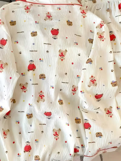 High-Quality Korean-Style Women'S Pajamas Set with a Cardigan, Long Sleeves, And Long Pants, Featuring a Cute Cartoon Design, Perfect for As Homewear for Early Autumn. Lightweight, Loose-Fitting, And Breathable Two-Piece Outfit
