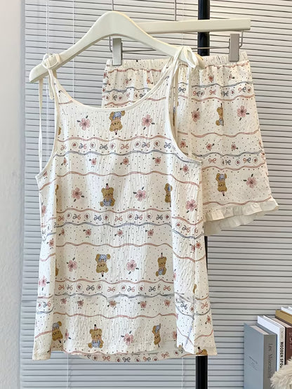 In-Stock Premium Style Cartoon Cute Bear Pajamas Women'S Bra Cup Cami Shorts Easy Bow Loose Pullover Home Wear 2Pcss Set Casual Sleeveless 2Pcss Set Outing Spring Summer New