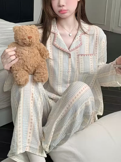 Built-In Bra Pad Pajamas Women'S Spring Autumn Season Cardigan Long Sleeve Long Pants Lace New Spring Summer Home Wear 2pcs