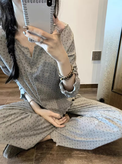 Korean-style Gray Floral Print Women's Pajamas, New Spring/Autumn Collection, Sweet and Casual Long-Sleeve 2pcs Loungewear Set