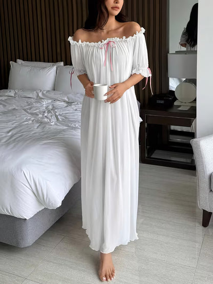 Standard Size Women's All-Season Nightgown, Simple Solid Color, Comfortable and Sexy Off-the-Shoulder Long Style